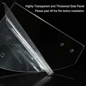 Transparent acrylic display rack side panel detail, thick and clear material with holes.