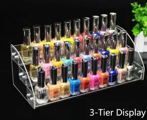 Clear acrylic 3-tier nail polish display rack ladder shelf organizer for salon studio.