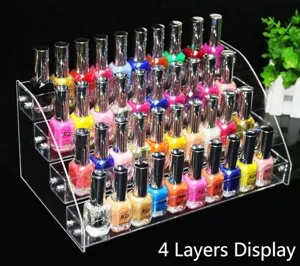 Clear acrylic 4-tier nail polish display rack detail view, showing multi-layer tiered storage design.