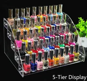 Transparent acrylic 5 tier nail polish display rack, professional makeup storage shelf.