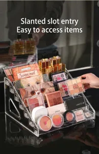 Transparent acrylic step display rack for cosmetics, multi-tier inclined desktop organizer.