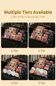 Clear acrylic tiered display rack for cosmetics, nail polish, and makeup storage 3-7 tiers