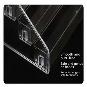 Transparent acrylic nail polish display rack detail, smooth edge tiered storage stand for salon.