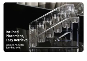 Detailed view of the clear acrylic tiered nail polish display rack with angled tier design.