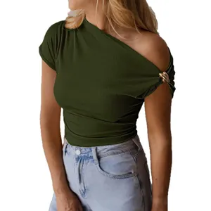 Women slim fit ribbed solid color short sleeve t-shirt with metal ring detail casual top.