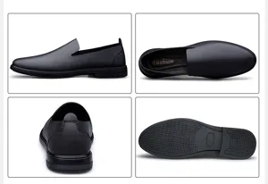 Detailed view of men's black slip-on leather shoes, soft upper and comfortable casual style.