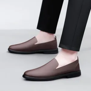 Mens brown slip on casual leather shoes, breathable soft loafer driving shoes for business.