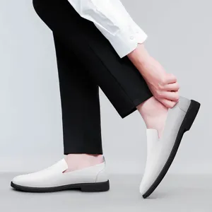 Men's White Slip-On Leather Shoes Casual Business Driving Loafers Breathable Shoes.