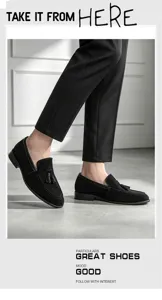 Detailed view of men's black suede tassel loafers, featuring slip-on design and chic style.