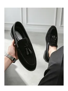 Men suede tassel loafers slip on casual shoes black leather footwear fashion design