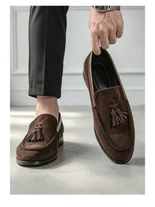 Men brown suede tassel loafers slip on casual leather shoes comfortable business dress footwear