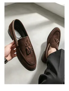 Men's brown cow suede tassel loafers, slip-on casual dress shoes for daily wear and fashion.