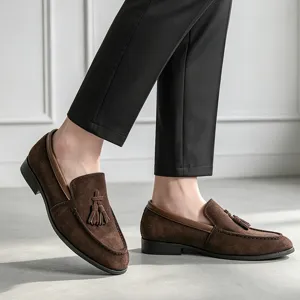 Men brown suede tassel loafers slip on casual leather shoes plus size comfortable footwear