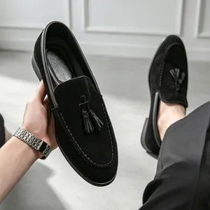 Comfortable mens black suede tassel loafers casual slip on dress shoes for men trend
