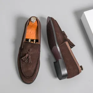 Men brown suede tassel loafers casual slip-on dress shoes main view showing sleek style.