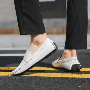 Herren weiße lässige Leder-Autofahrschuhe bequeme flache Slipper Mokassins für Herbst