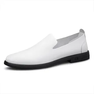 Men white leather slip on casual shoes breathable loafer with black flat sole for daily wear
