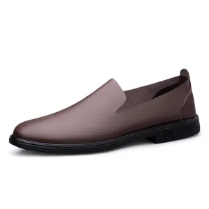 Men's brown slip-on leather casual shoes, comfortable soft flat loafers for business daily wear.