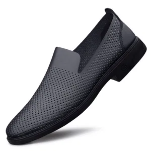 Men's black breathable perforated slip-on casual leather driving shoes for daily wear.