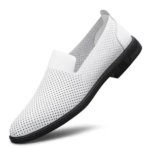 Men white perforated leather slip-on shoes breathable casual loafer driving shoes