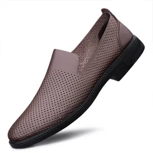 Men's breathable leather slip-on shoes casual driving loafers with perforated design.