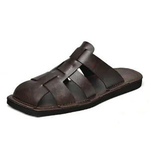 Herren Leder Freizeit Sommersandalen, gewebtes Design Outdoor Slip-On Hausschuhe, Übergröße.