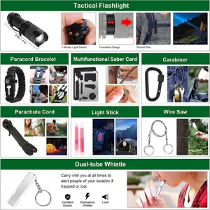 Complete outdoor survival nooduitrusting set met tactische zaklamp en gereedschappen.
