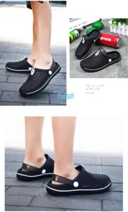 Kids black breathable garden shoes, summer cutout beach clogs with adjustable strap details.