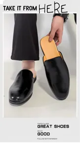 Hombres mocasines negros de cuero sin espalda zapatos mules casuales planos y cómodos
