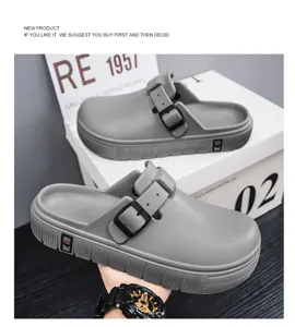 Men casual outdoor closed toe clogs with adjustable buckle, thick soft sole slip-on beach shoes detail view.