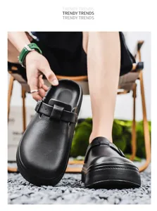 Detailed view of men's casual outdoor clogs with adjustable buckle and soft sole design.