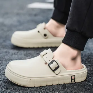 Mens casual outdoor closed-toe clogs with adjustable buckle, soft sole slip-on beach slippers.