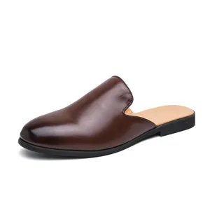 Mules de cuero marrón para hombre zapatos planos casuales mocasines cómodos versátiles