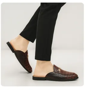 Men's brown crocodile pattern leather slip-on mule shoes with metal buckle, casual half slippers.