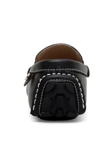 Detailed rear view of black leather men driving shoes featuring white stitching and sole.