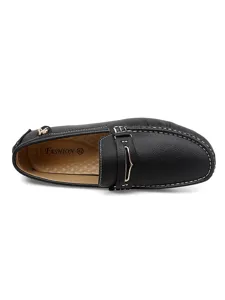 Detailed close-up view of black leather men's driving loafers shoes with fine stitching and insole.