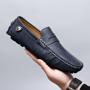 Men casual leather loafers slip on driving shoes comfort classic blue moccasins style