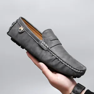 Men casual leather loafers slip-on driving moccasins comfortable flat shoes grey footwear