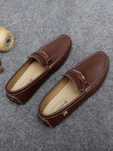 Men brown leather casual moccasins slip on driving shoes detail view comfortable footwear size 42