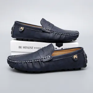 Men's casual slip-on loafers, stylish blue driving moccasins with comfortable flat soles.