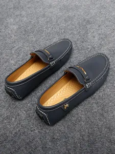 Men's Navy Blue Leather Driving Moccasins Slip-On Casual Loafers Flat Shoes New Style