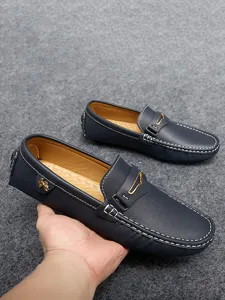 Men leather driving loafers navy blue slip on casual shoes detailed stitching comfortable footwear