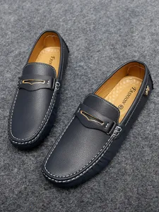 Classic men leather loafers casual slip-on driving shoes breathable footwear in navy blue.