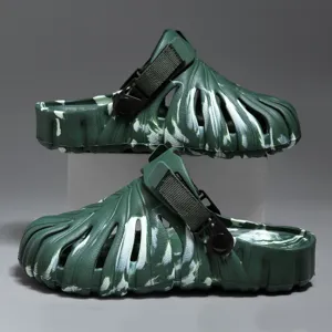 Green marbled hollow out foam clogs for men and women, chunky casual sandals with strap.