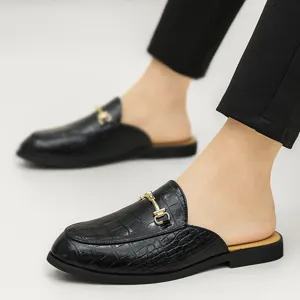 Men's Casual Crocodile Pattern Leather Mule Slippers Slip-On Flat Backless Loafers Metal Buckle Business Casual Shoes