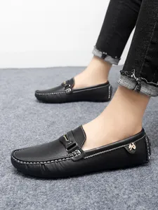 Men's casual driving loafers slip on comfortable leather shoes premium detail view.