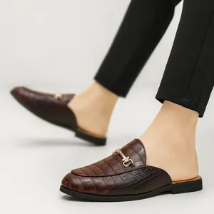 Men's crocodile pattern leather backless mule loafers casual slip-on shoes for outdoor wear.
