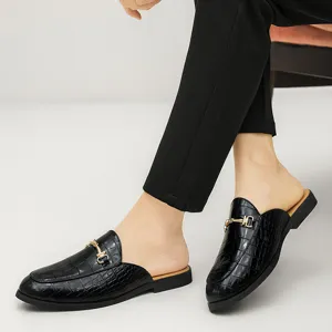 Men casual leather slip on backless mules shoes black crocodile pattern metal horsebit loafer