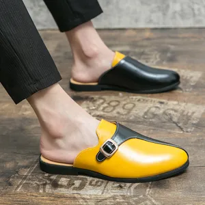 Men contrast color leather half slippers casual retro slip on shoes summer outdoor footwear