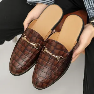Men's Brown Crocodile Pattern Leather Slip-On Mule Shoes Casual Backless Loafers Main Image